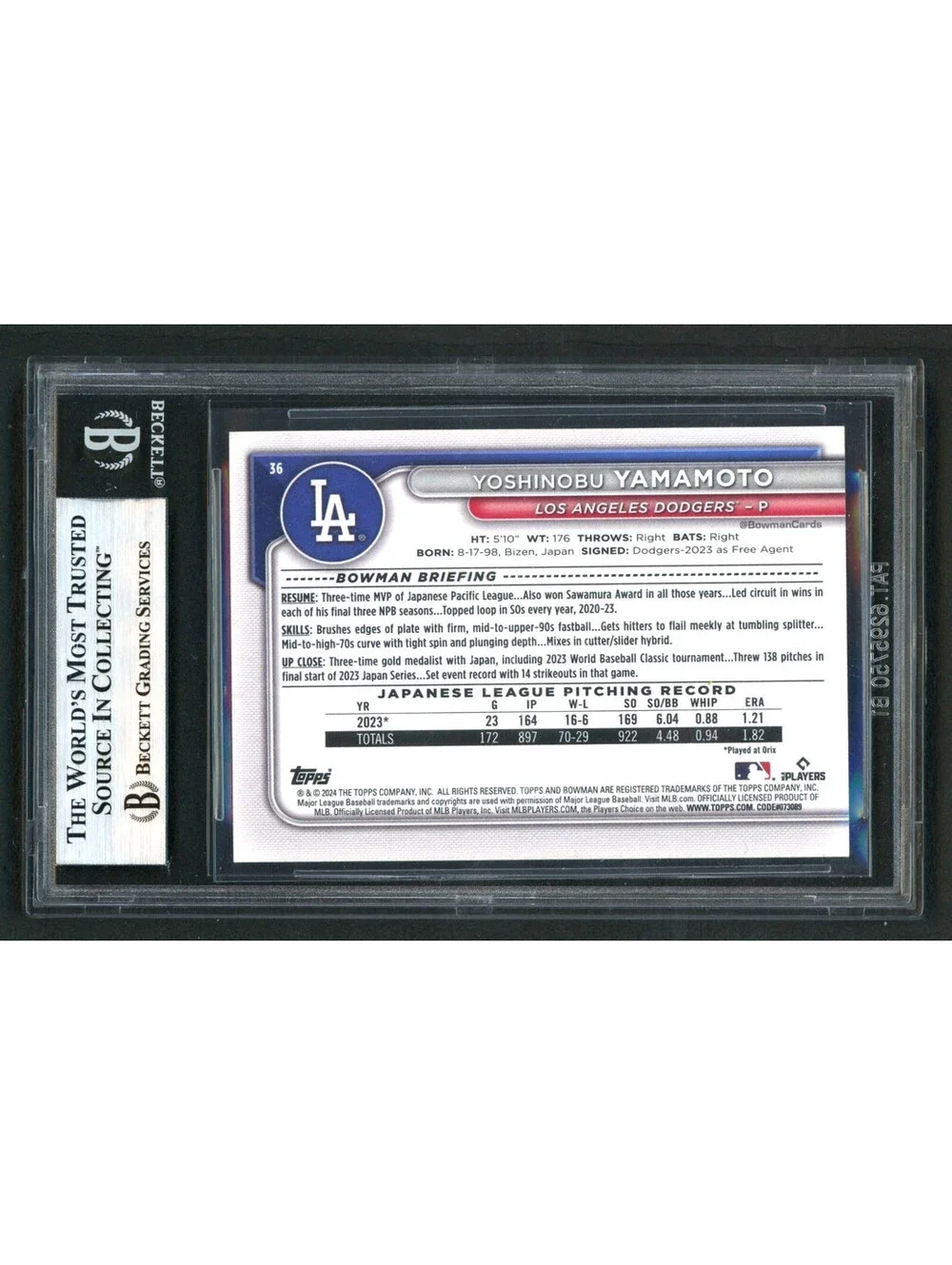 2024 Bowman #36 Yoshinobu Yamamoto Dodgers Rookie Card (RC) BGS 9 MT